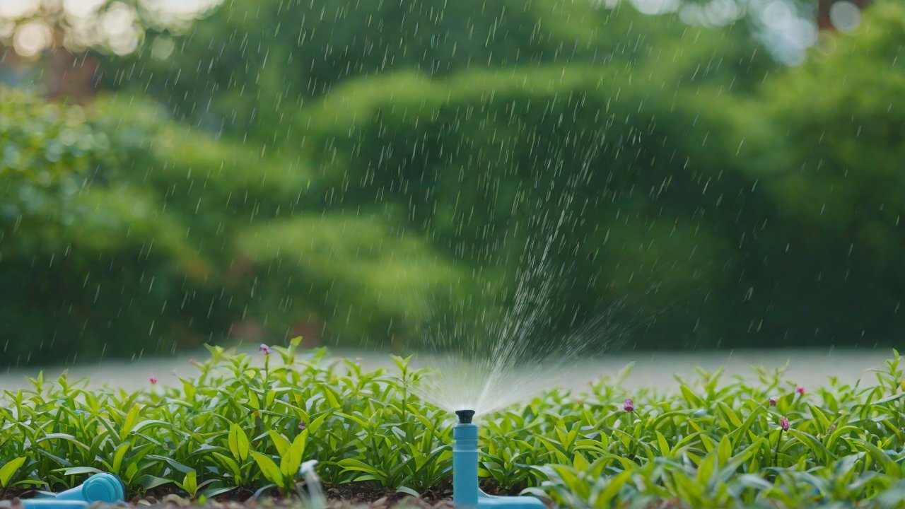 How do automatic sprinkler systems prevent flower stamens from getting damp during the flowering period using data?