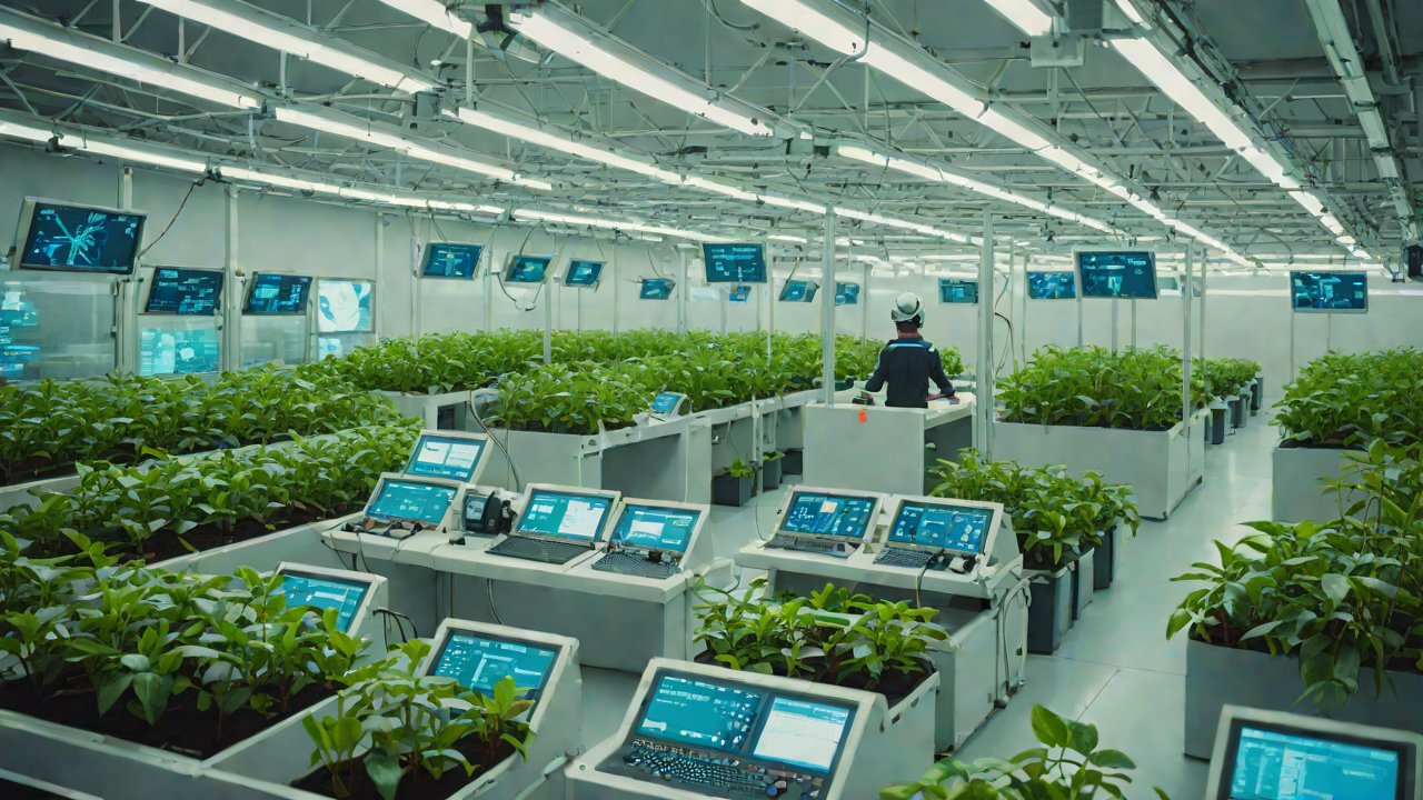 How are these intelligent harvesting robots synchronized and scheduled with the environmental control system?