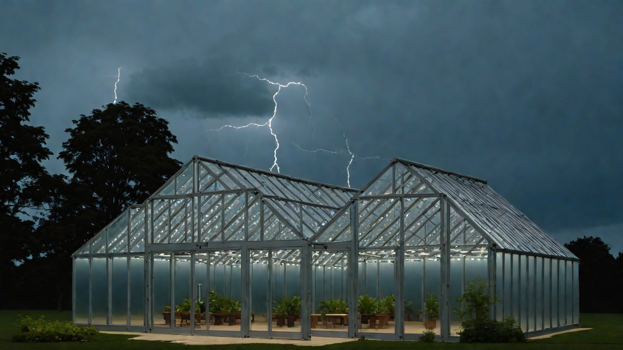 How does this lightning protection design safeguard the greenhouse’s precision controller from induced lightning strikes?